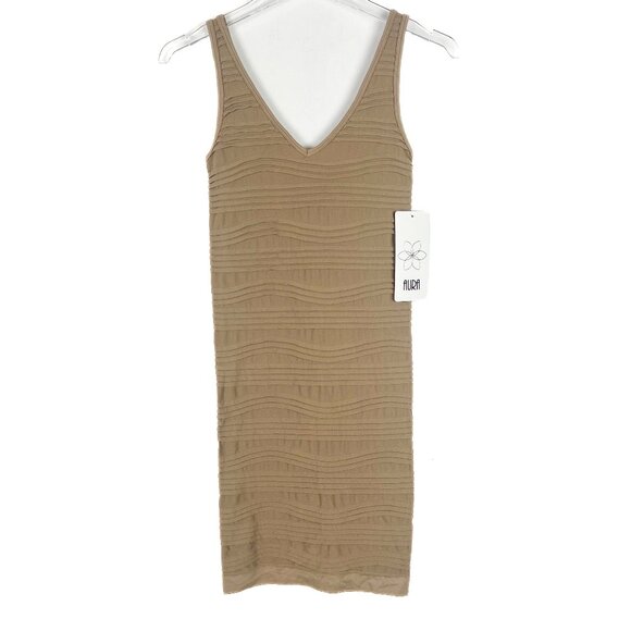 NWT Aura Sleeveless Ruched Bodycon Dress Tan Size S/M Small/Medium NEW - Picture 1 of 8
